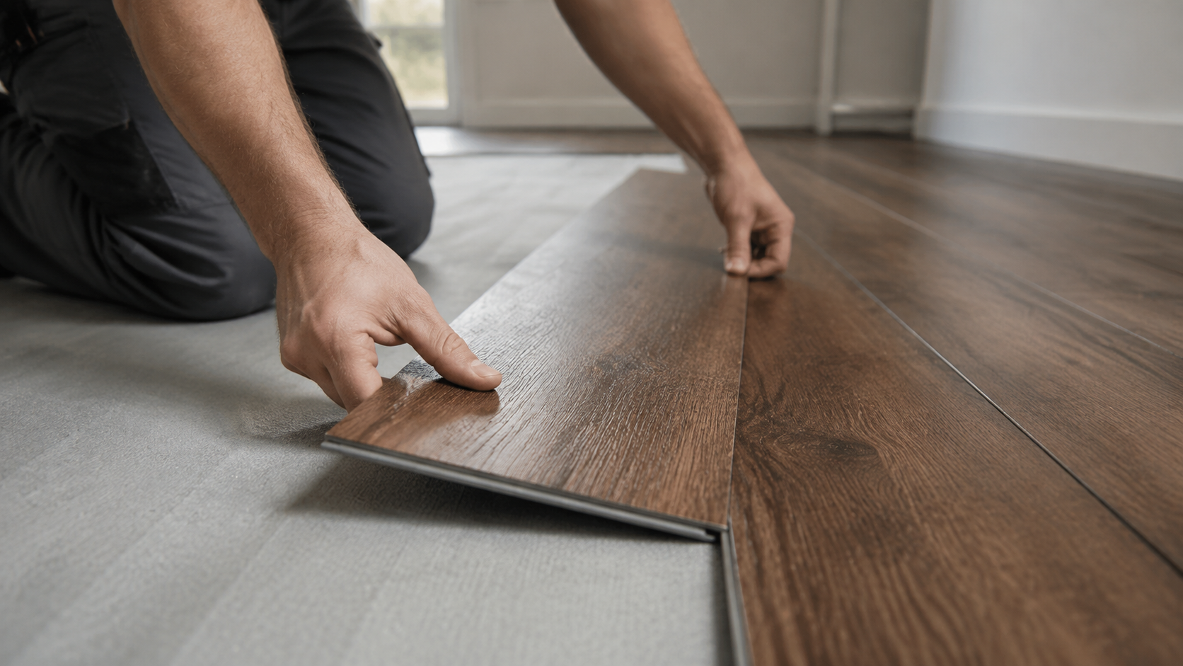 Kovi fitter clicking dark-oak LVT planks together on a prepped subfloor