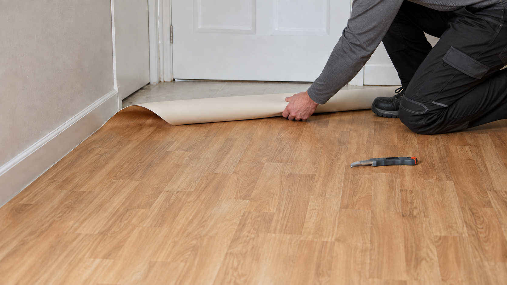 Kovi fitter rolling out sheet vinyl flooring in a Yorkshire hallway